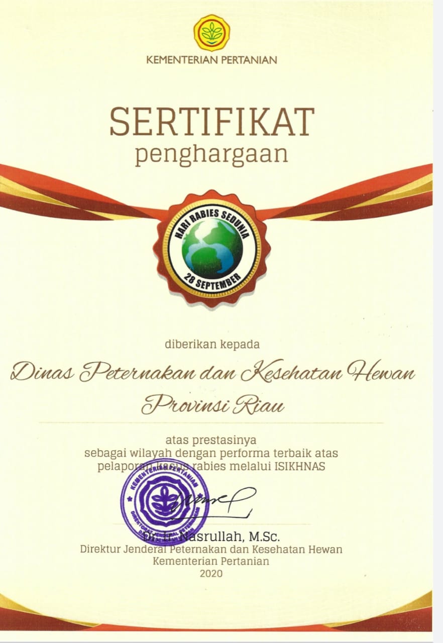 Dinas Peternakan dan Kesehatan Hewan Provinsi Riau Terima Penghargaan Terbaik Sebagai Provinsi Dengan Performans Pelaporan Kasus Rabies